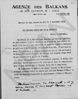 Σημείωμα της Agence des Balkans προς Αλέξανδρο Διομήδη, Σόφια 1 Σεπτεμβρίου 1913 1