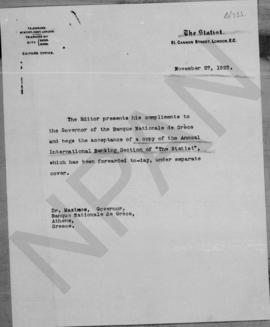 Επιστολή του Editor The Statist προς τον Αλέξανδρο Διομήδη, Λονδίνο 27 Νοεμβρίου 1923 1