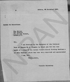 Επιστολή Αλέξανδρου Διομήδη προς τον Editor The Statist, Αθήνα 20 Δεκεμβρίου 1923 1