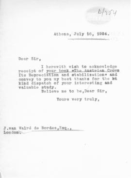 Επιστολή Αλέξανδρου Διομήδη προς τον J. van de Bordes, Αθήνα 16 Ιουλίου 1924 1