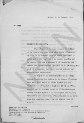 Αντίγραφο επιστολής Νικολάου Πολίτη προς τον Υπουργό Οικονομικών της Γαλλίας M Cheron, Παρίσι 28 ...
