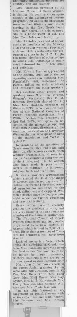 Απόκομμα εφημερίδας. Visitor From Greece Honor Guest at Tea, 1953 2