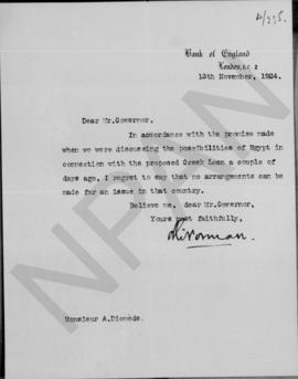 Επιστολή Montagu Collet Norman προς τον Αλέξανδρο Διομήδη, Λονδίνο 13 Νοεμβρίου 1924 1