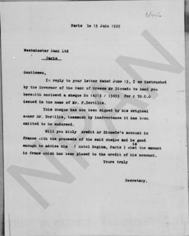 Επιστολή του Γραμματέα της Τράπεζας της Ελλάδος προς την Westminster Bank, Παρίσι 15 Ιουνίου 1929 1