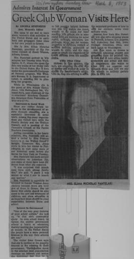 Εφημερίδα Wilmington Sunday Star (απόκομμα). Admires Interest in Government. Greek Club Woman Vis...