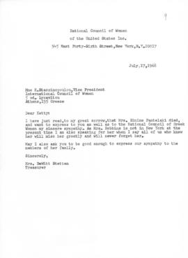 Επιστολή της Dewitt Stetten (National Council of Women of the United States, Treasurer) προς την ...