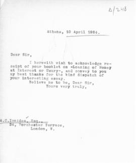 Επιστολή Αλέξανδρου Διομήδη προς τον A.C. Ionides, Αθήνα 10 Απριλίου 1924 1