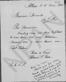 Επιστολή James F. Case προς τον Αλέξανδρο Διομήδη, Αθήνα 12 Μαΐου 1925 1