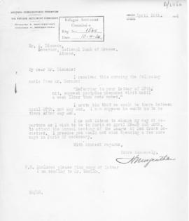 Επιστολή H. Morgenthau (Επιτροπή Αποκαταστάσεως Προσφύγων) προς τον Αλέξανδρο Διομήδη, Αθήνα, 10 ...
