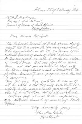 Επιστολή Ελμίνας Παντελάκη προς την F. Mackenzie (President of the National Council of Women of S...